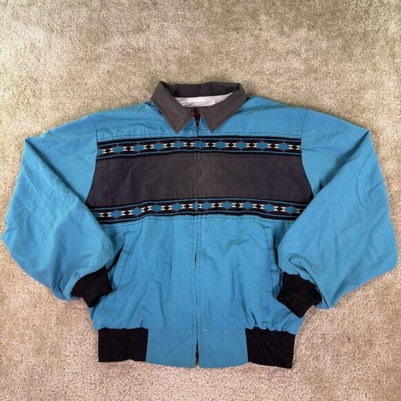 Vintage Santa Fe Trail Zip Up Aztec Windbreaker Jacket Teal Men’s Large - Picture 1 of 10